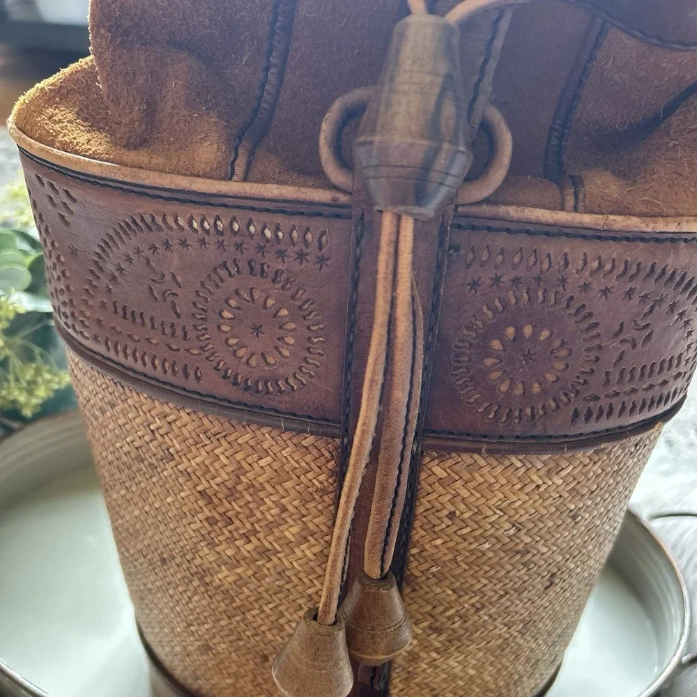 Vintage French Leather Trimmed Wicker‎ Bucket Bag Backpack